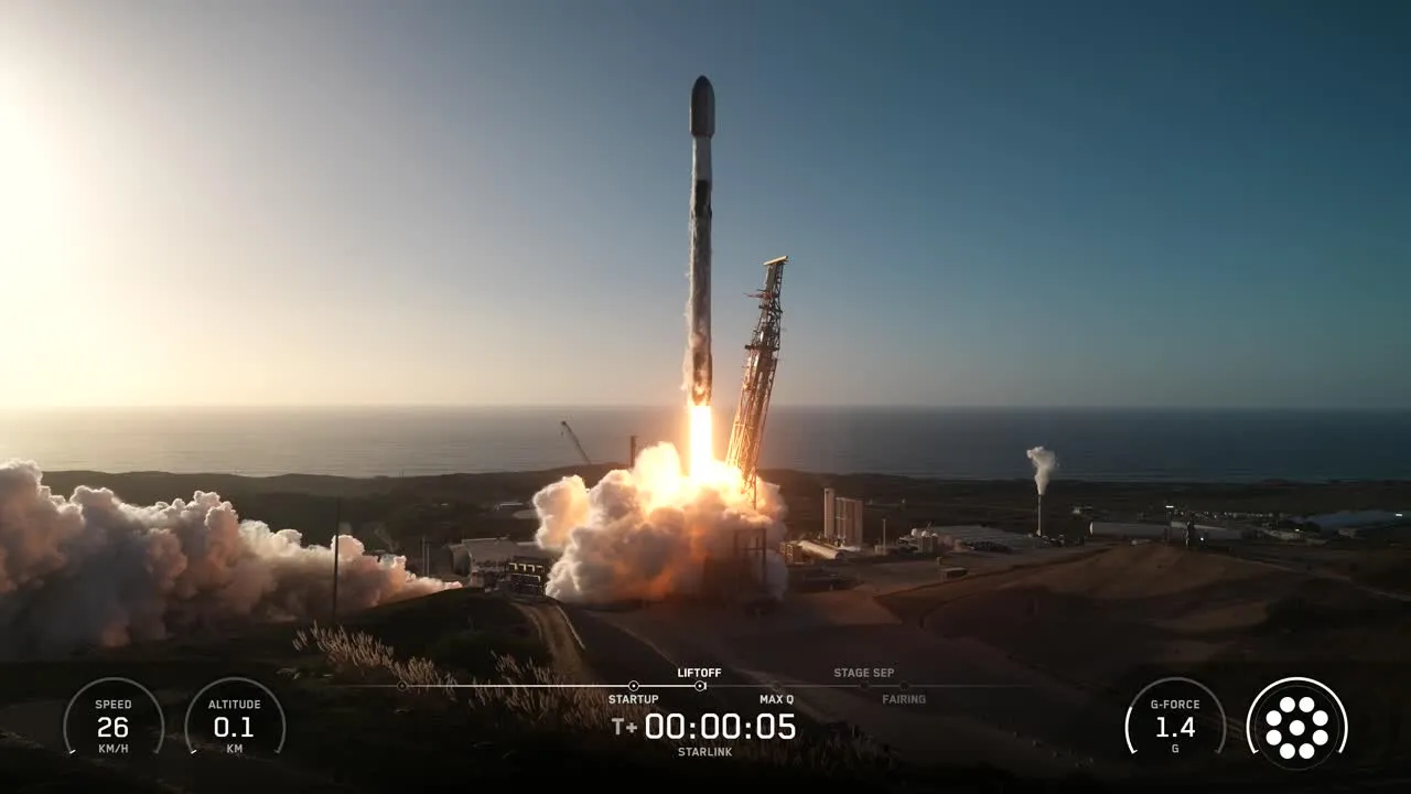 이륙 5초 뒤 반덴버그 SLC-4E를 떠나는 팰컨9 (SpaceX 발사 중계 화면)